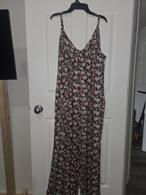 Amazon Floral V-Neck Jumpsuit - Black with Pink & White Flowers